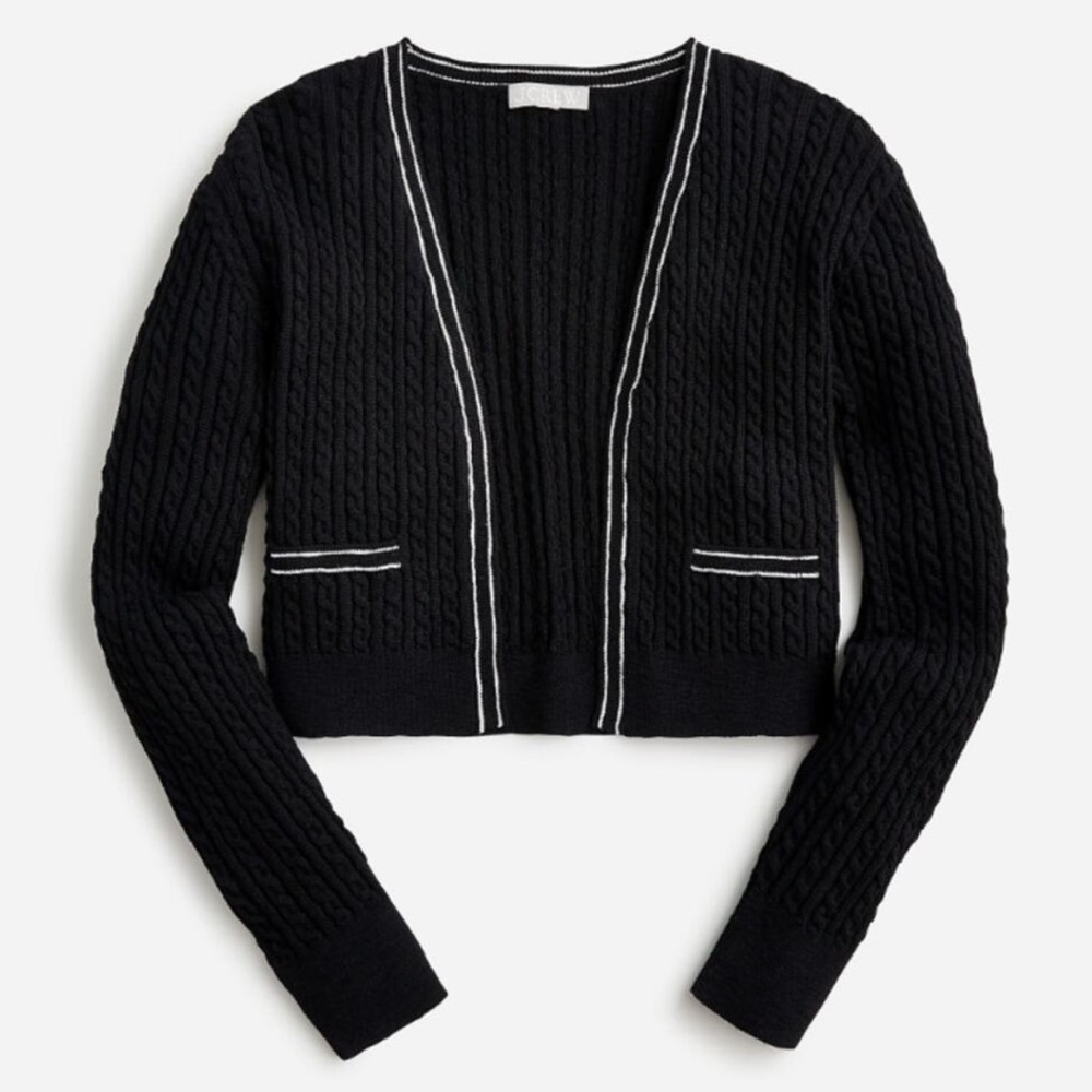 J.Crew Cropped Cable Knit Cardigan Tipped Black with h White Trim Sweater - Picture 10 of 10